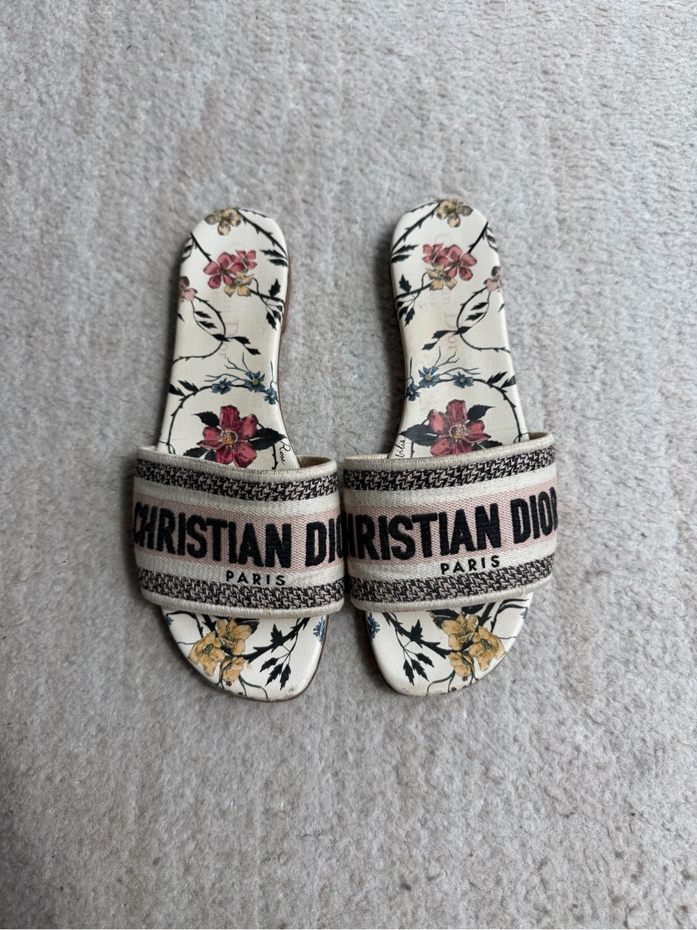 Dior Floral Logo Slide Sandals in Cream, Pink and Yellow